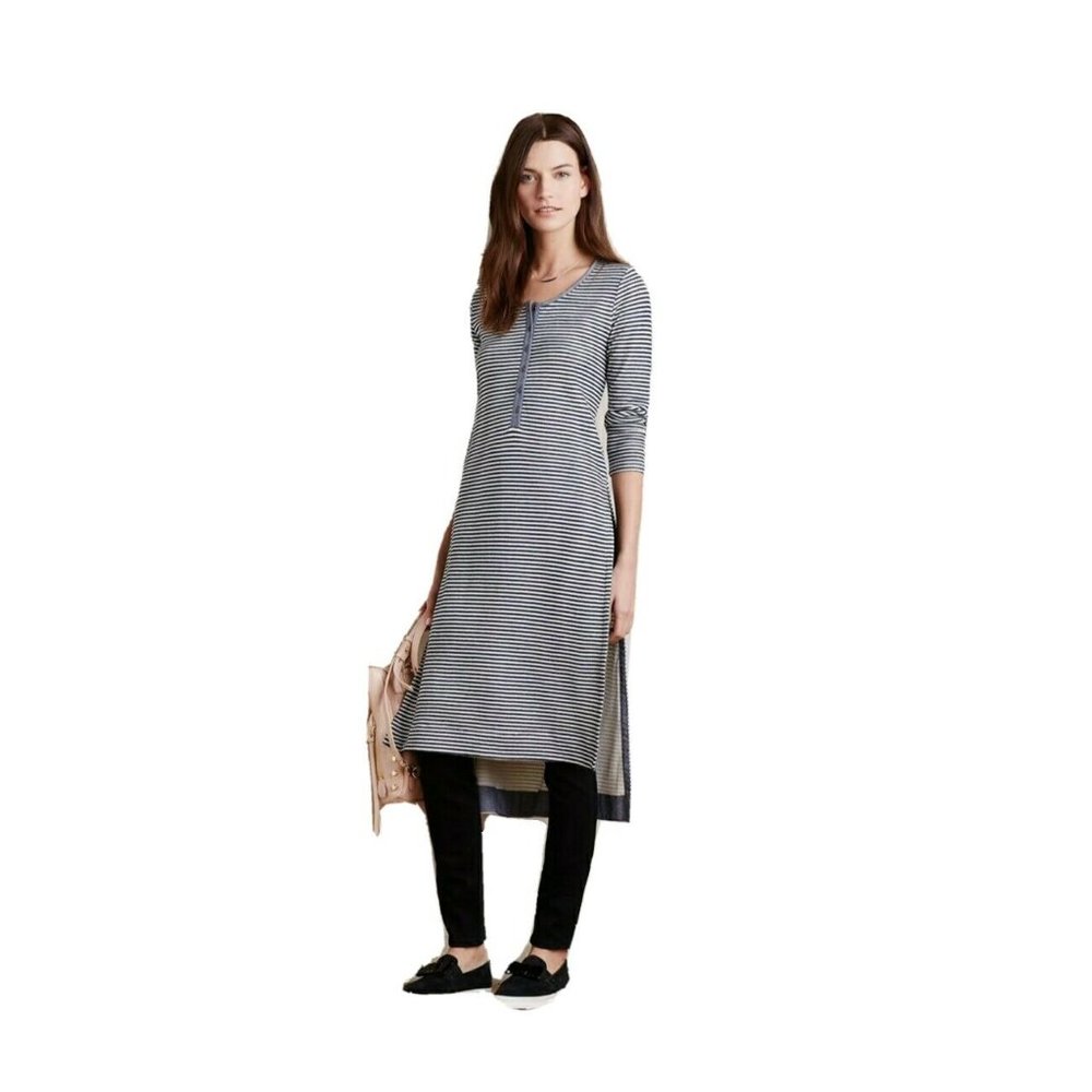 ANTHROPOLOGIE Postmark Blue White Striped Long Henley Dress S Side Slits